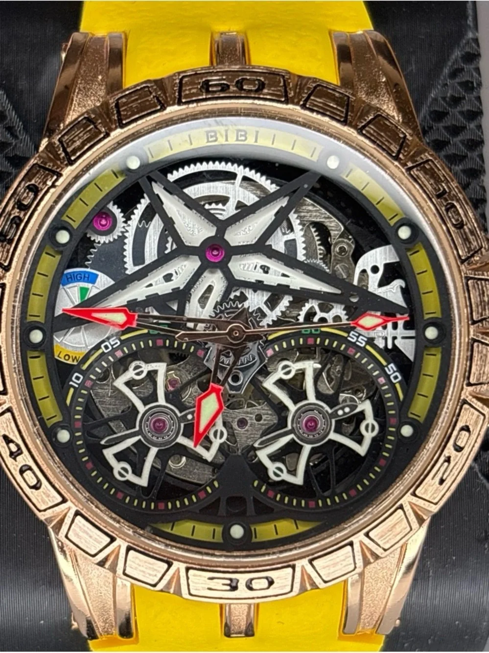 BiBi Automatic Men’s Skeleton Dial Watch with Yellow Strap and Rose Gold Case